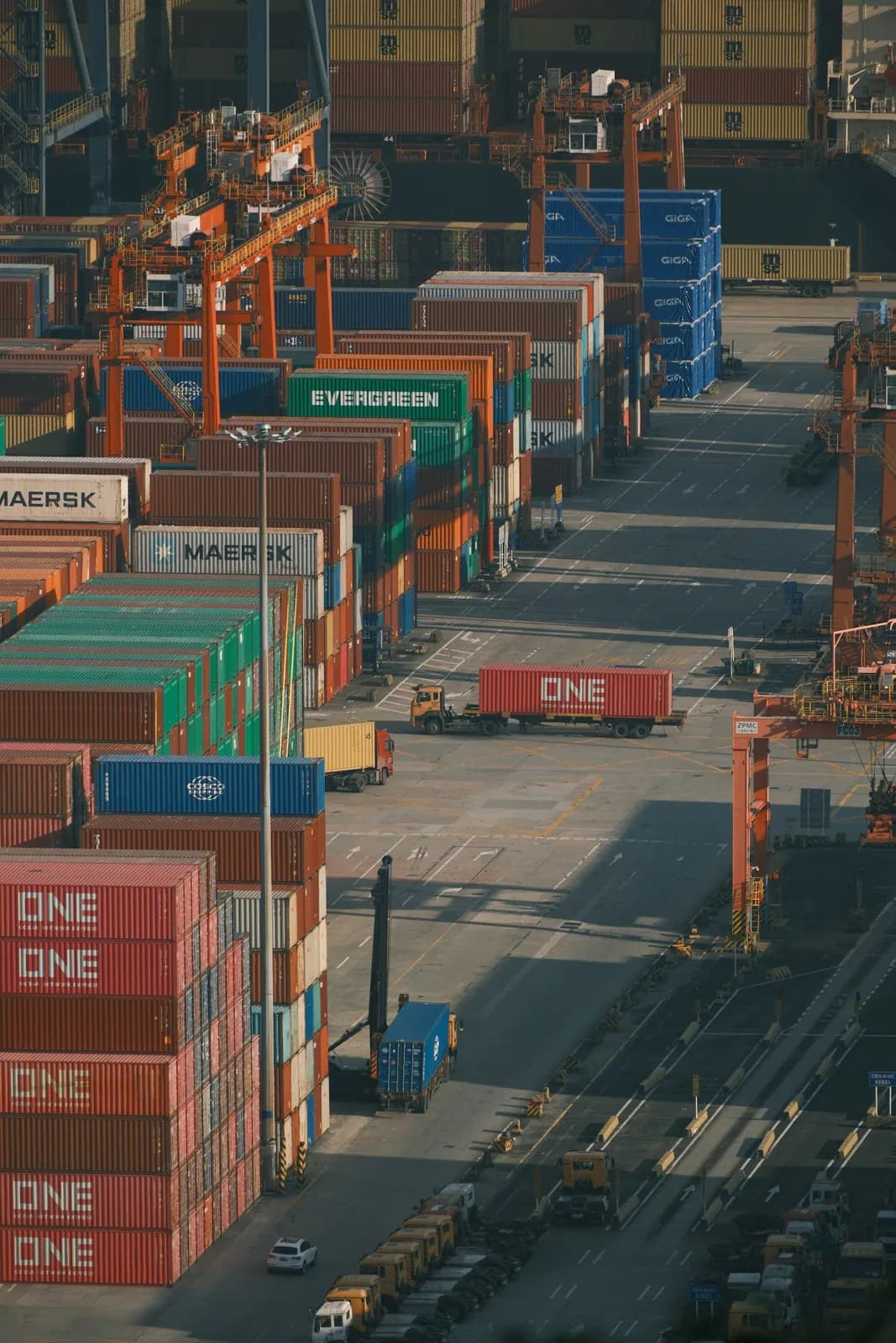Container terminal with cranes and stacked containers